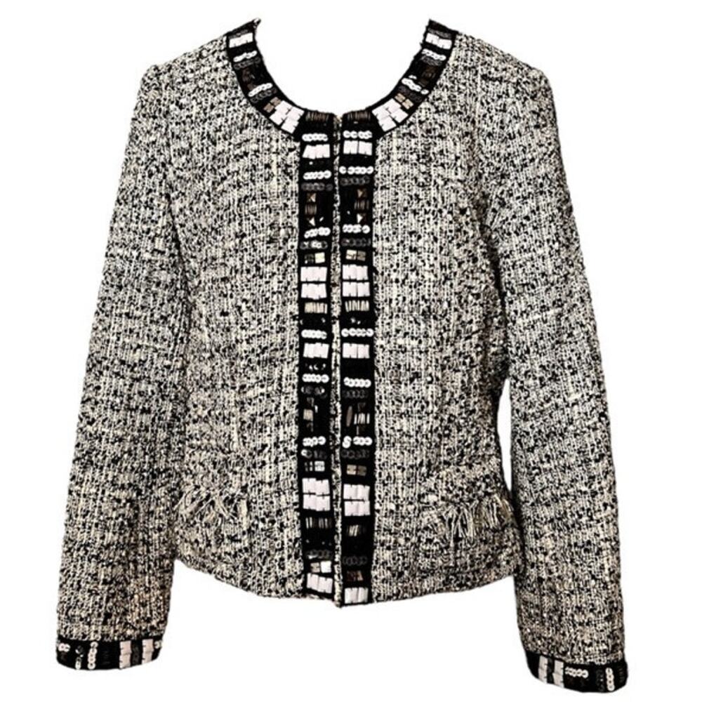 Tweed Career Jacket Blazer Sz PL White Black Gray Trendy Career Capsule Work Fun